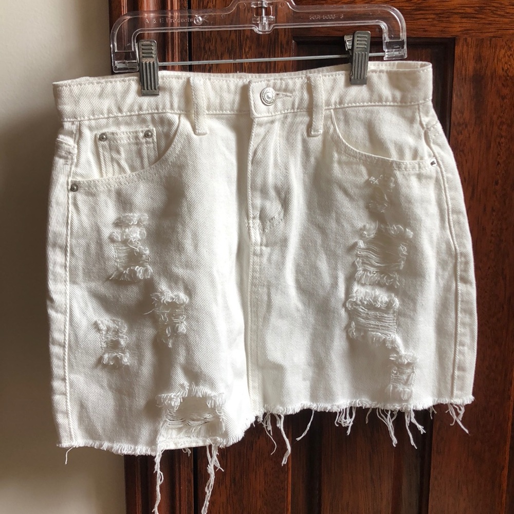 Distressed White Denim Skirt
